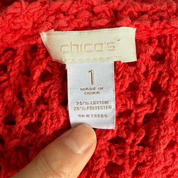 Chicos Open Knit Red Sweater Size 1 M/8 Crochet Pullover Lightweight Holiday SEE - Picture 7 of 9